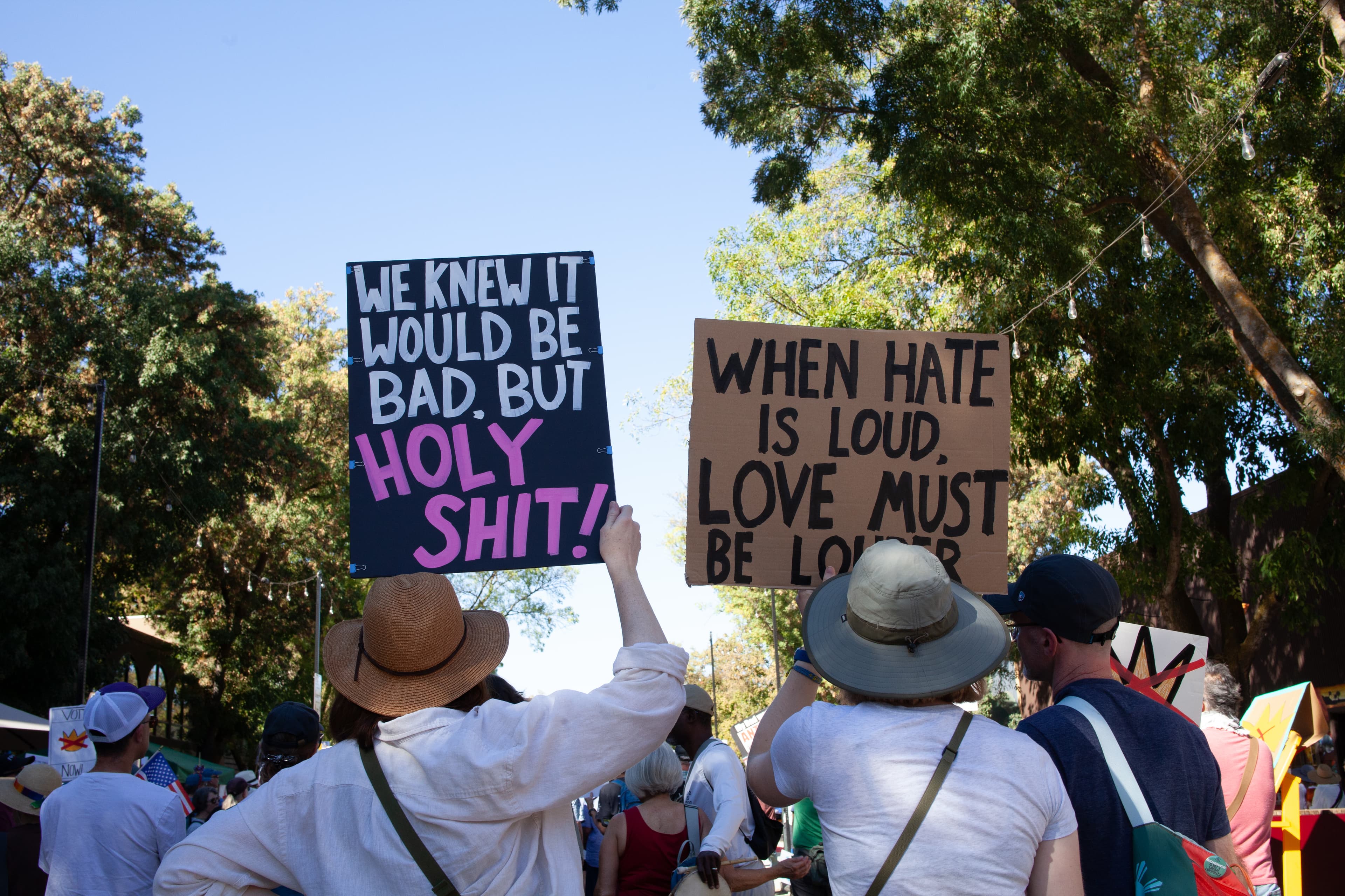 Protestors hold up signs while gathered at G Street on Oct. 17, 2026. The "No Kings" protest served as an event encouraging prospective voters to stay informed on upcoming ballot measures and to be aware of voting rights ahead of November midterm elections. (Armando Palomares / Aggie)