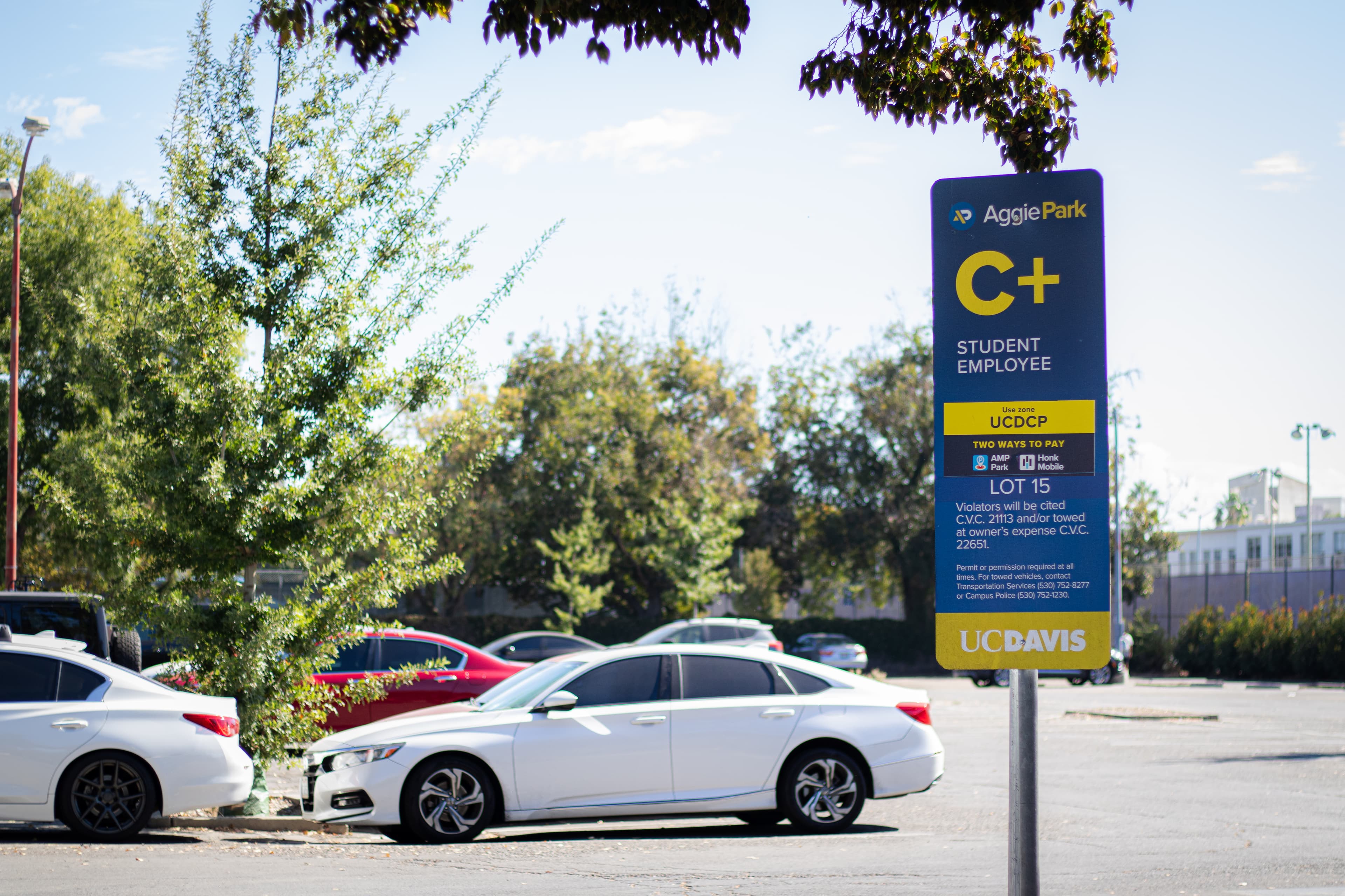 C+ parking for students and employees at Lot 15 on campus. Daily rates for C+ parking is now $6.50 following a raise in parking rates by UC Davis Transportation Services. (Jenna Lee / Aggie)