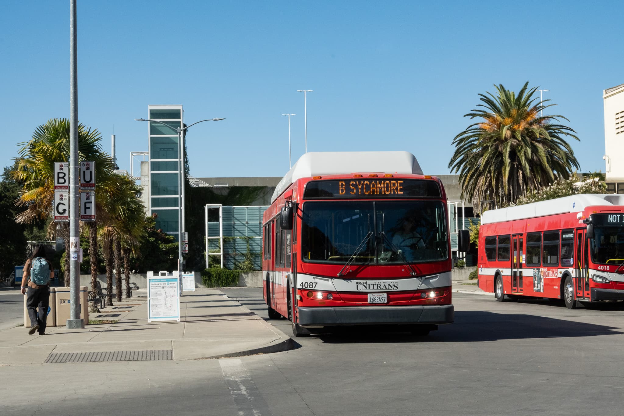 A B Line bus parked at the MU Bus Terminal on Sept. 15, 2026. The route was recently extended to go farther north. (Julia Heron-Watts / Aggie)